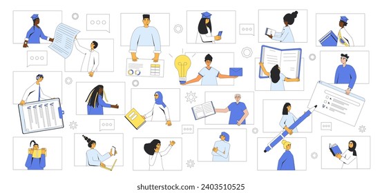 Global education. Learning community concept. People studying and collaborating on the Internet. Colorful vector illustration set of people with books and study materials