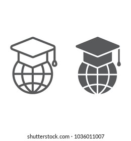 Global education line and glyph icon, e learning and education, graduation cap on globe sign vector graphics, a linear pattern on a white background, eps 10.
