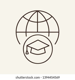 Global education line icon. Globe, graduation cap, academy. International education concept. Can be used for topics like globalization, getting master degree abroad, achievement 