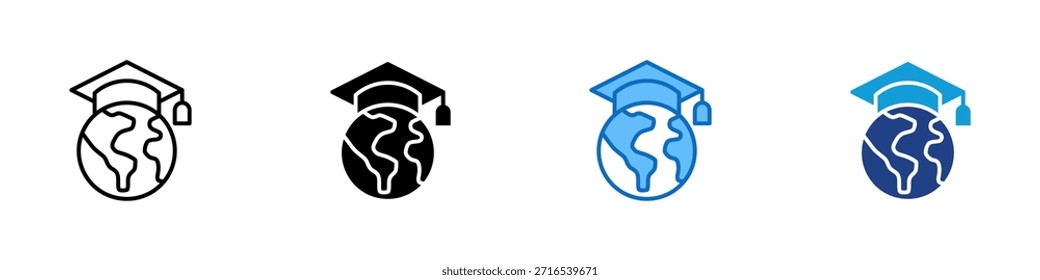 Vector de diseño de íconos de estilo múltiple de Educación global - Globo con gorra de graduación que representa el aprendizaje mundial, el estudio internacional y el intercambio de conocimiento global