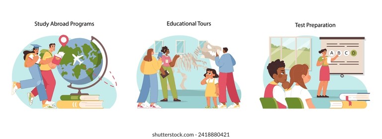 Global education set. People of different ages exploring study abroad programs, educational tours, and focused test preparation sessions. Limitless possibilities for studying. Flat vector illustration