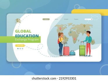 Global education student exchange cartoon web site landing page with human characters world map and links vector illustration
