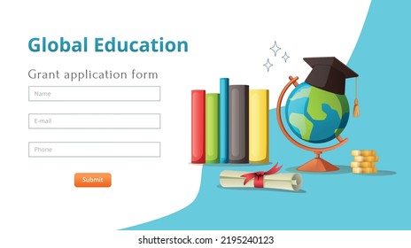 Global education student exchange cartoon web site landing page with contact forms submit button and books vector illustration