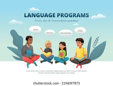 Global education student exchange cartoon background composition with editable text and doodle characters of talking people vector illustration