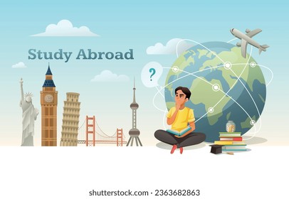 Global education student exchange cartoon background composition with text famous landmarks sights earth globe and pupil vector illustration