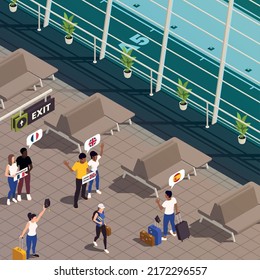 Global education student exchange isometric composition with indoor view of airport arrivals lobby with human characters vector illustration