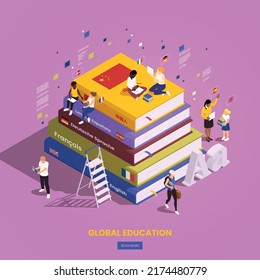 Global education student exchange isometric composition with view of books stack surrounded by people and icons vector illustration