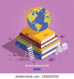 Global education student exchange isometric composition with earth globe on stack of books with clickable button vector illustration