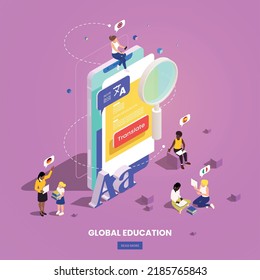 Global education student exchange isometric composition with image of smartphone human characters editable text and button vector illustration