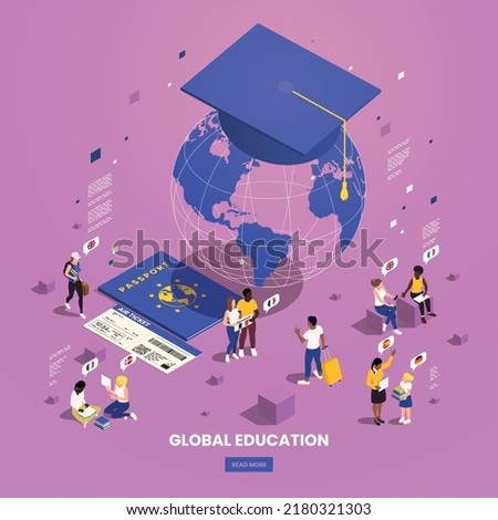 Global education student exchange isometric composition with earth globe academic hat and human characters of students vector illustration
