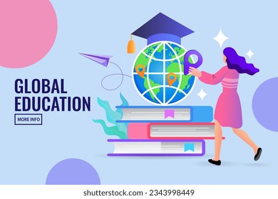 Global education, study abroad, international student exchange program. Woman standing in front of pile of books and globe with graduation cap. online learning. flat vector illustration.