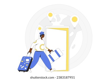 Global education. Study abroad opportunity for skilled workers. Brain drain metaphor. Graduate immigration. International learning. Vector outline illustration.