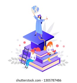 Global education success concept isometric. Graduation school 3d isolated. Diploma receiving. E learning in online library vector illustration