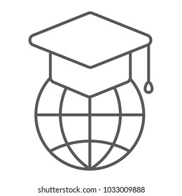 Global education thin line icon, e learning and education, graduation cap on globe sign vector graphics, a linear pattern on a white background, eps 10.