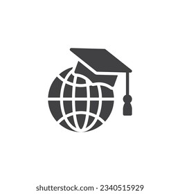 Global education vector icon. Graduation cap on globe filled flat sign for mobile concept and web design. Internet training glyph icon. Symbol, logo illustration. Vector graphics