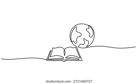 Global education Vector illustration. Continuous one line drawing of an open book on a world globe, international knowledge and learning concept.