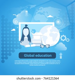 Global Education Web Banner With Copy Space On Blue Background Vector Illustration