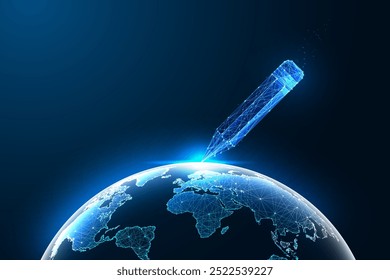 A educação global, a alfabetização mundial e o crescimento do conhecimento abstrato conceito com lápis simbolizando a aprendizagem e o planeta Terra pano de fundo em azul escuro. Ilustração de vetor de design poligonal baixo brilhante.