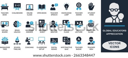 Global educators appreciation icon set. Featuring education, classroom, teaching, grading, and learning symbols. Ideal for apps, schools, e-learning, and academic projects.