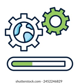 Global Efficiency and Innovation. Depicting Progress with Cogs and Earth Symbol. Vector Editable Stroke and Colors.