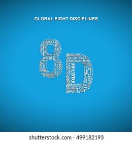 Global eight disciplines diagonal typography background. Blue background with main title 8D filled by other words related with global eight disciplines method