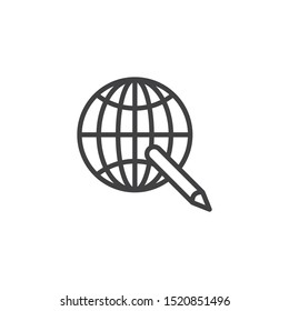 Global E-learning line icon. linear style sign for mobile concept and web design. Globe and pen outline vector icon. Symbol, logo illustration. Vector graphics