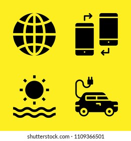 global, electric car, smartphone and sun vector icon set. Sample icons set for web and graphic design