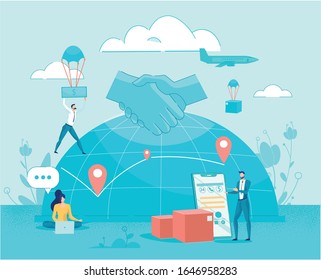Global Electronic Commerce and Logistics Services. Internet Purchasing. Earth Planet, People Using Digital Gadgets E-Banking System for Online Shopping, Money Transaction, Payment. Vector Illustration