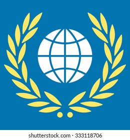 Global Emblem vector icon. Style is bicolor flat symbol, yellow and white colors, rounded angles, blue background.