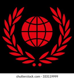 Global Emblem vector icon. Style is flat symbol, red color, rounded angles, black background.
