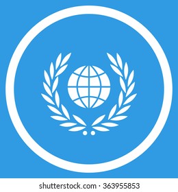 Global Emblem vector icon. Style is flat circled symbol, white color, rounded angles, blue background.