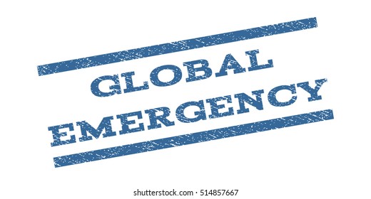 Global Emergency watermark stamp. Text caption between parallel lines with grunge design style. Rubber seal stamp with unclean texture. Vector cobalt blue color ink imprint on a white background.