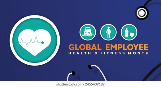 Global Employee Health And Fitness Month. Heartbeat, stethoscope and more. Great for cards, banners, posters, social media and more. Blue background.
