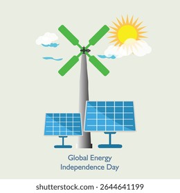 Vetor do Dia da Independência da Energia Global, ilustração. 10 de julho. Formas alternativas de energia como a solar, eólica e geotérmica.
