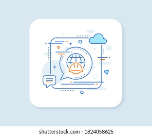 Global engineering line icon. Abstract square vector button. Engineer or architect helmet sign. World construction symbol. Global engineering line icon. Speech bubble concept. Vector