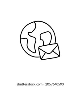 Global envelope icon in flat black line style, isolated on white 