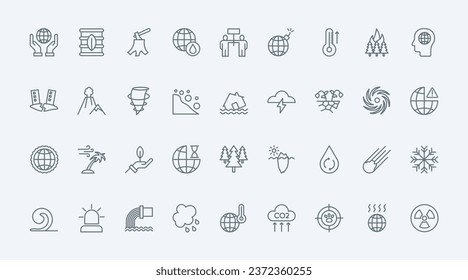 Global environment disasters due to climate change thin line icons set vector illustration. Outline symbols of extreme weather problems, earthquake and drought, ocean storm and hurricane, melting ice