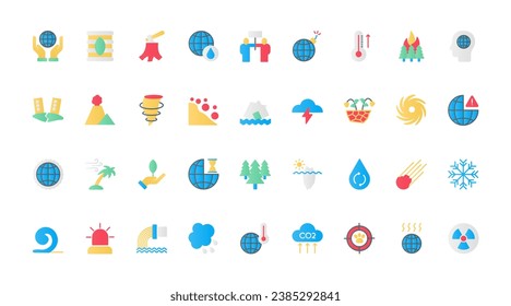 Global environment disasters due to climate change flat icons set vector illustration. Symbols of extreme weather problems, earthquake and drought, ocean storm and hurricane, melting ice.