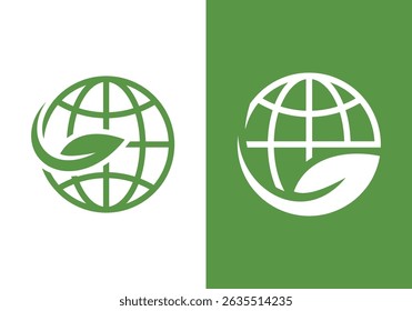 global environment icon. environment and ecology symbol. green leaves and earth globe in design. green colored vector image. green earth, world environment day, save the planet vector concept