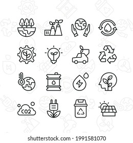 Global environment icon set. Contains such Icons as save planet, water energy, recycle, and more. Line style design. Vector graphic illustration. Suitable for website design, app, template, ui.