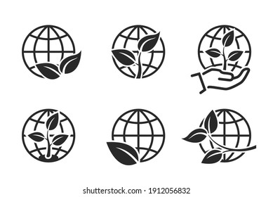 global environment icon set. environmentally friendly and eco symbols. sprout with leaves and earth globe. isolated vector images in flat style