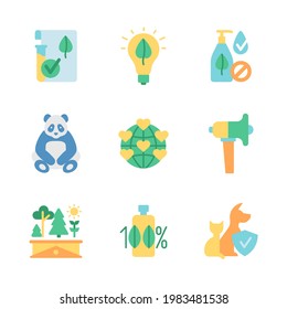 Globaler Umweltschutz, Vektorflachfarbensymbol-Set. Verringerung von Abfällen und Vermeidung von Umweltverschmutzung. Ökologische Erzeugnisse. Cartoon-Stilkunst für mobile App-Pakete. RGB-Illustrationspaket einzeln