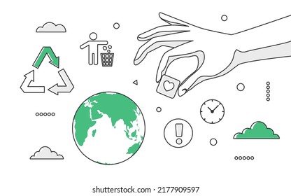 Global environment and waste management. Ecological protection, recycling process vector monocolor illustration