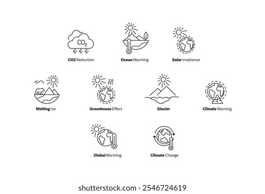 Ícones da mudança ambiental global. Apresentando irradiância solar, mudanças climáticas, derretimento de gelo, efeitos de estufa e redução de CO2, este conjunto é perfeito para a consciência climática e visuais de sustentabilidade.