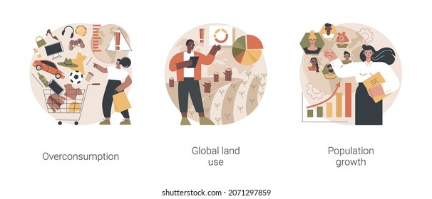 Global Environmental Data Abstract Concept Vector Illustration Set. Overconsumption, Global Land Use, Population Growth, Overpopulation Problem, Consumer Society, Urbanization Abstract Metaphor.