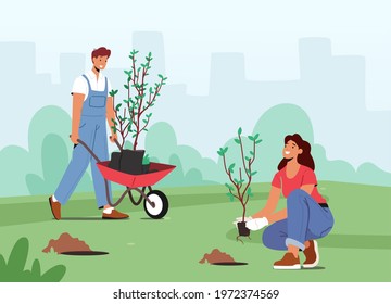 Global Environmental Movement, Reforestation Concept. Characters Planting Seedlings And Trees Into Soil In Garden, Save World, Nature, Environment And Ecology. Cartoon People Vector Illustration