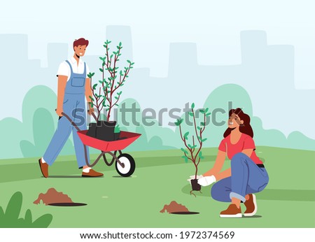 Global Environmental Movement, Reforestation Concept. Characters Planting Seedlings and Trees into Soil in Garden, Save World, Nature, Environment and Ecology. Cartoon People Vector Illustration