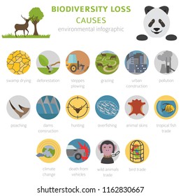 Global environmental problems. Biodiversiry loss infographic. Plants and animals destruction. Vector illustration