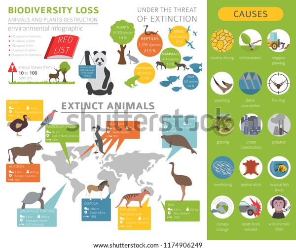 地球環境問題 生物多様性喪失のインフォグラフィック 絶滅した動物と鳥 ベクターイラスト のベクター画像素材 ロイヤリティフリー