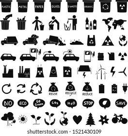 Global environmental problems concept. Big collection with hand drawn icons of the ecology pollution concept. Simple black set for web design and print